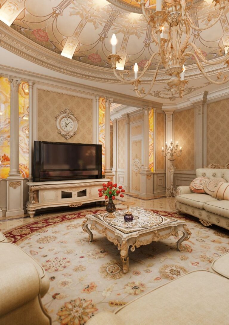 Классический интерьер гостиной с круглым ковром в центре