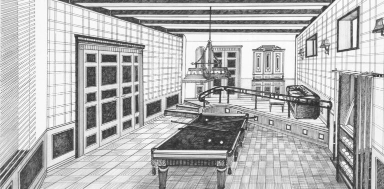 Зона для бильярда в интерьере холла коттеджа