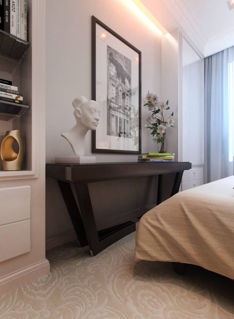 Скрытая подсветка столика в оформлении белоснежной спальни