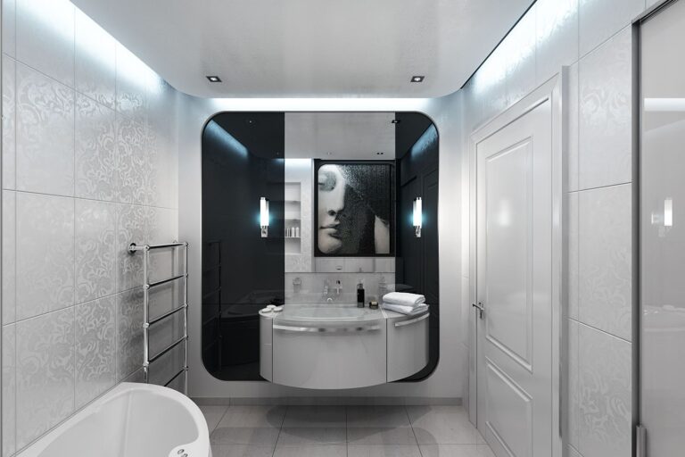 Толстостенная белая сантехника в интерьере ванной