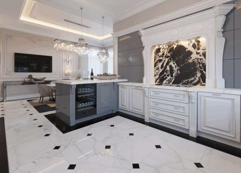 Интерьер большой столовой-кухни в частном доме