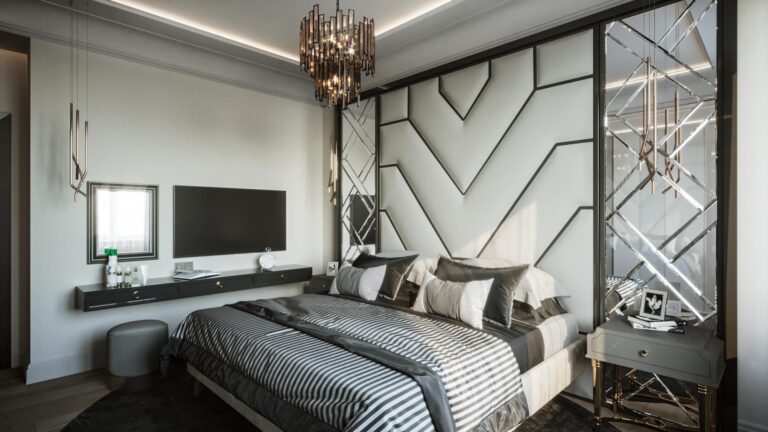 Черный туалетный стол с настенным креплением в интерьере светлой спальни