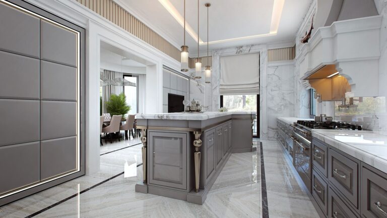 Дизайн-проект кухни с серым рабочим столом-островом с белой мраморной столешницей и фигурными угловыми стойками