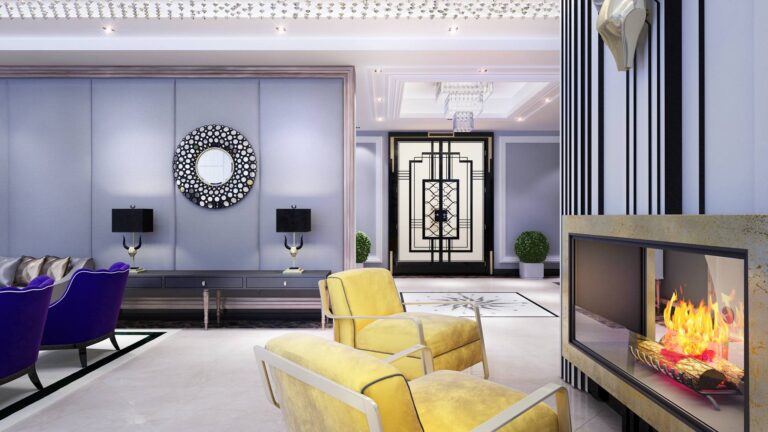 Оригинальные желтые и яркие фиолетовые кресла в гостиной