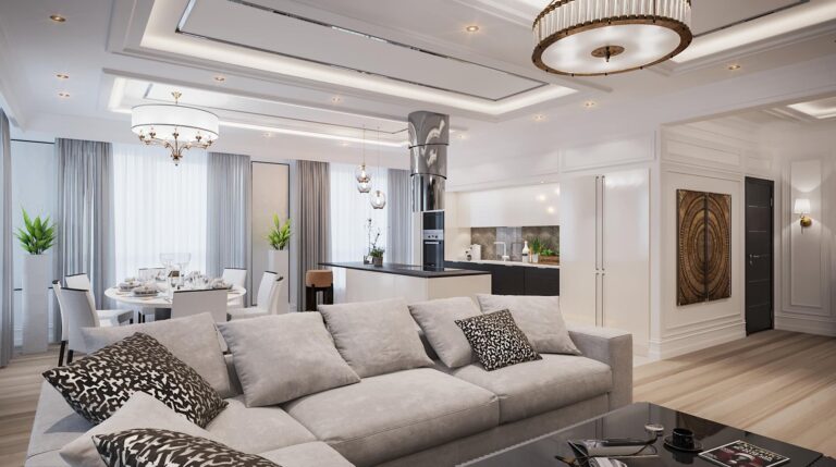 Дизайн-проект кухни и обеденной зоны с модульным серым диваном