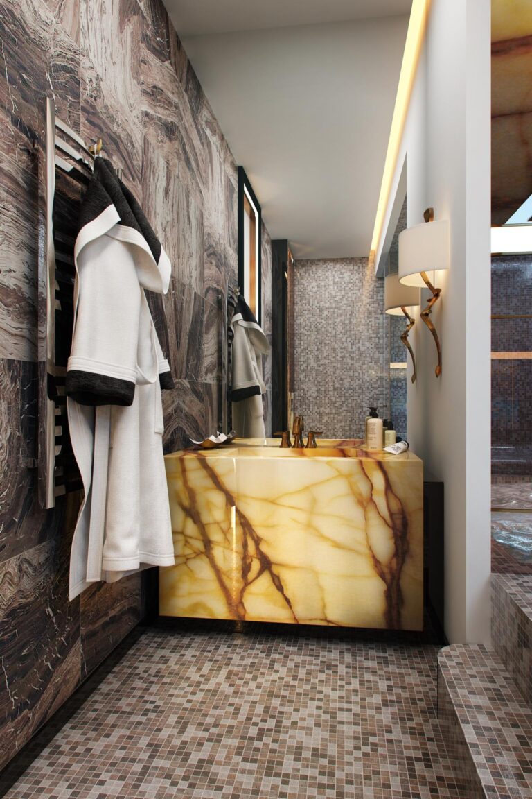 Каменная тумба-раковина в интерьере ванной