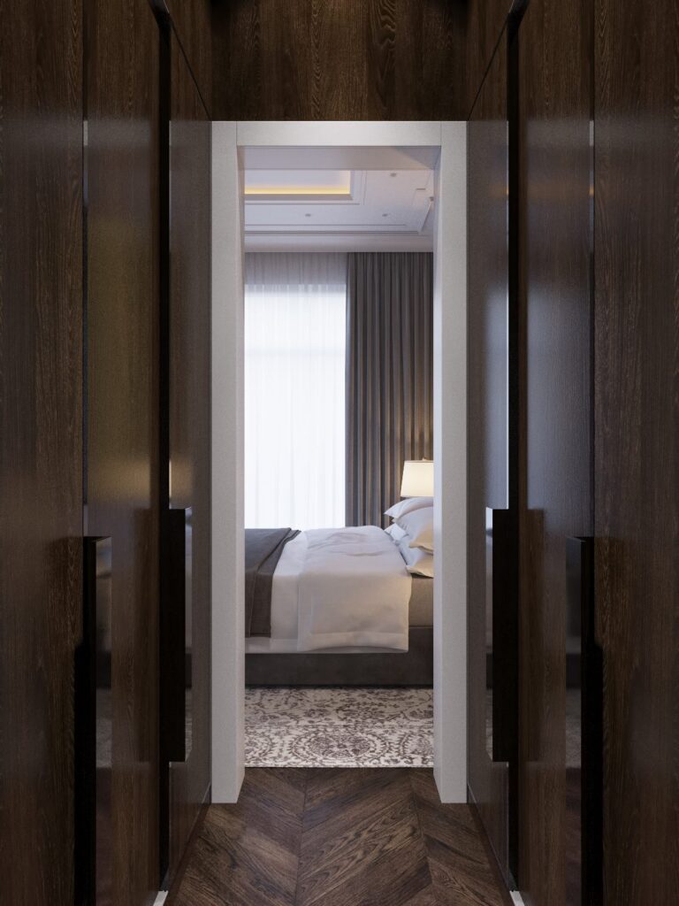 Дизайн спальни с 2 коричневыми гардеробными шкафами-купе