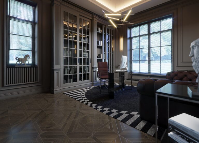 Дизайн книжных шкафов в деловом интерьере кабинета