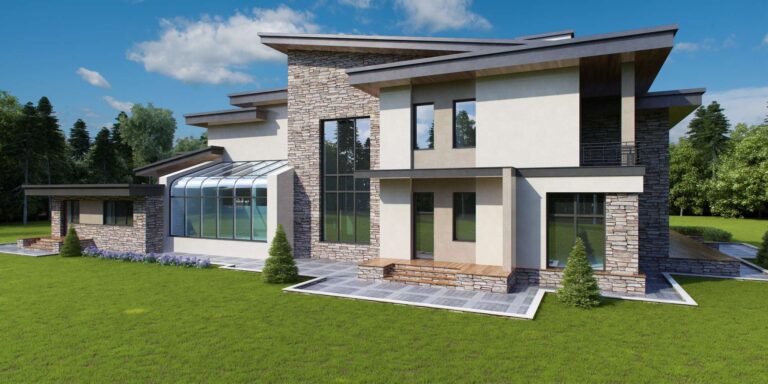 Сочетание серого камня и белой штукатурки на внутреннем фасаде