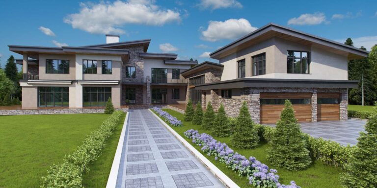 Современный дом с ландшафтным дизайном фронтального фасада