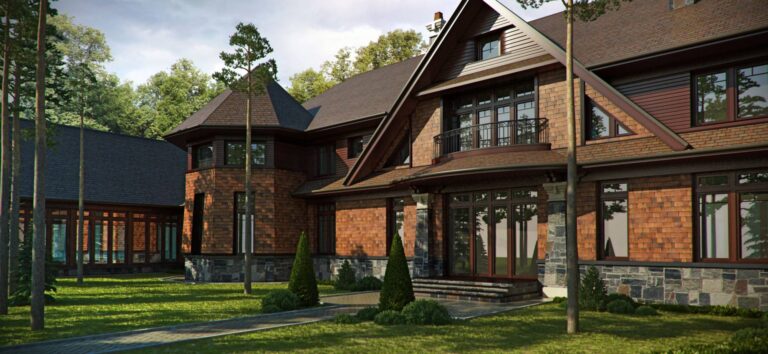 Полукруглый балкон во внутреннем фасаде дома шале из кирпича