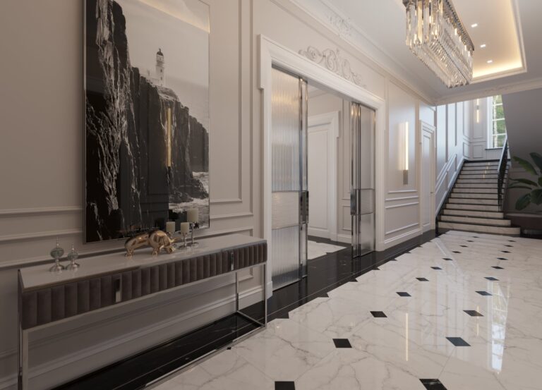 Холл с лестницей с раздвижными дверьми