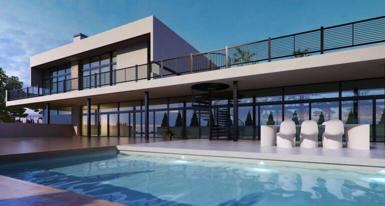 Светлая штукатурка и стекло во внутреннем фасаде особняка с окрытым бассейном