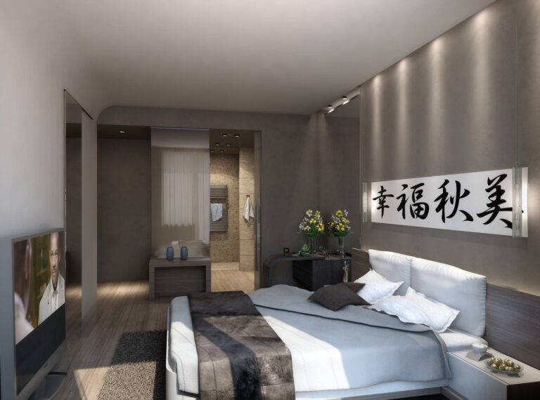 Картина с иероглифами в бежевом интерьере спальни