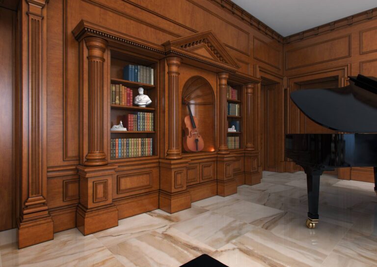 Солидное оформление гостиной со встроенными книжными шкафами