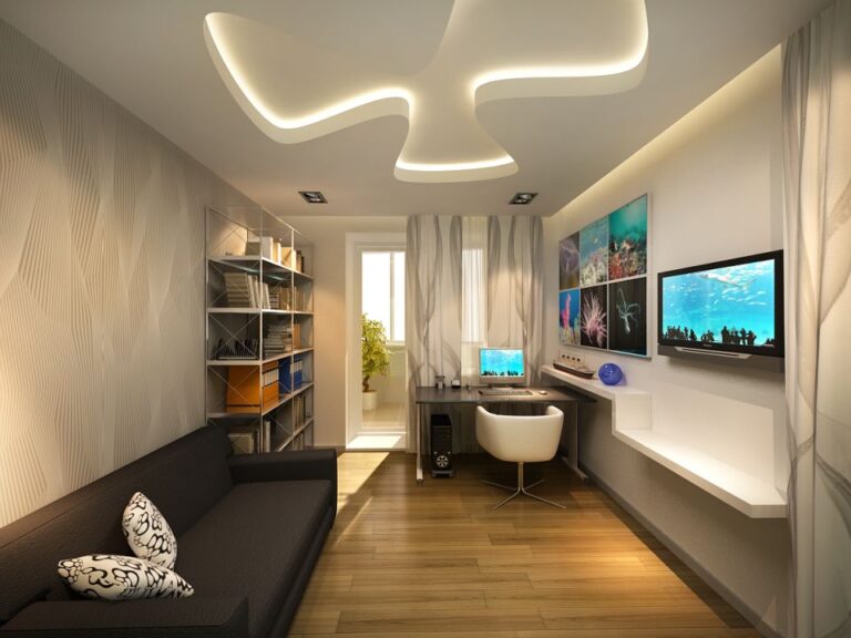 Интерьер детской для старшего ребенка с фигурным потолком