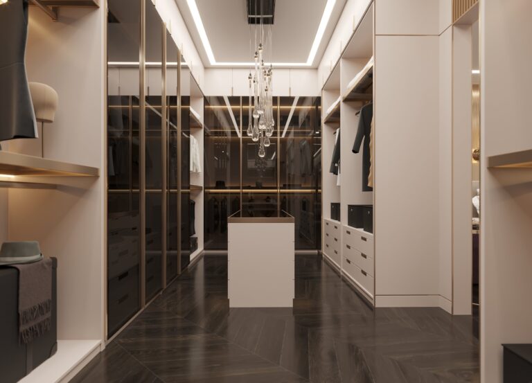 Островная гардеробная в форме прямоугольника