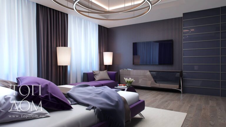 Фиолетовая мебель в темном интерьере спальни