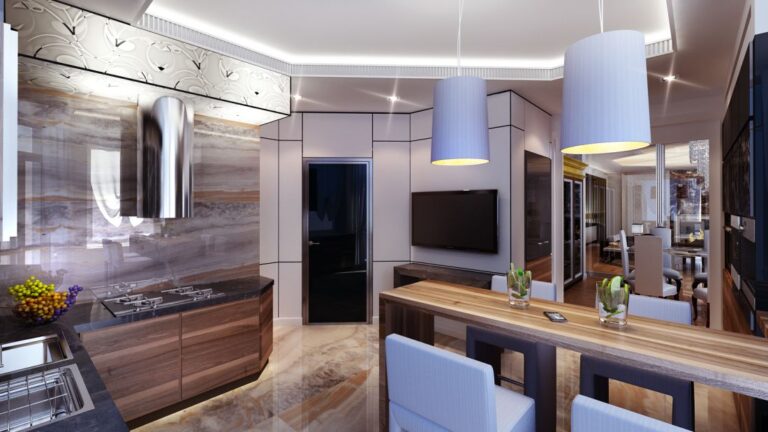 Рабочая зона с подсветкой и мраморным фартуком в дизайне стильной кухни