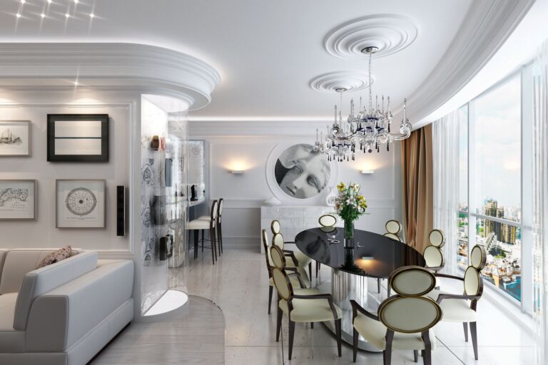 Интерьер светлой столовой с широким окном