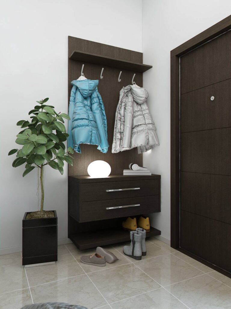 Прихожая с компактной вешалкой, оборудованной объемными выдвижными ящиками