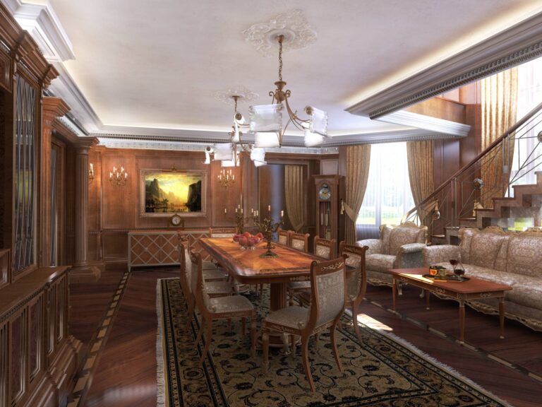 Благородный дизайн столовой с бра в виде канделябров