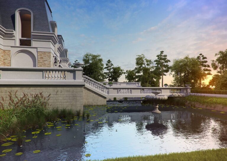 Вазон и лилии на искусственном пруду и мост с балюстрадой