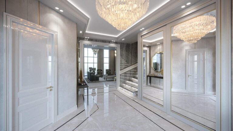 Большие зеркала в дизайне белоснежного коридора