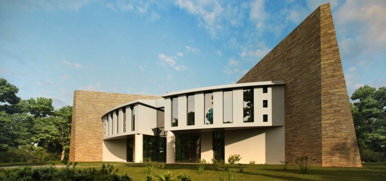 Фасад в сочетании белого камня и тонированного стекла