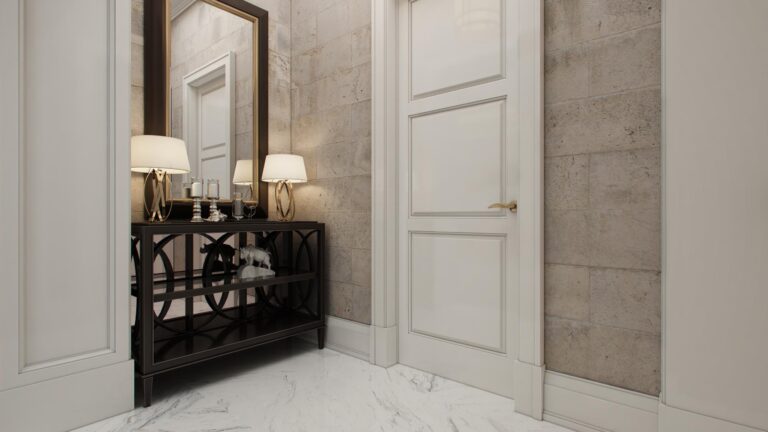 Дизайн интерьера в светлой мраморной отделке с черной консолью