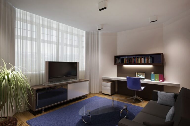 Серо-синие оттенки в оформлении комнаты для отдыха