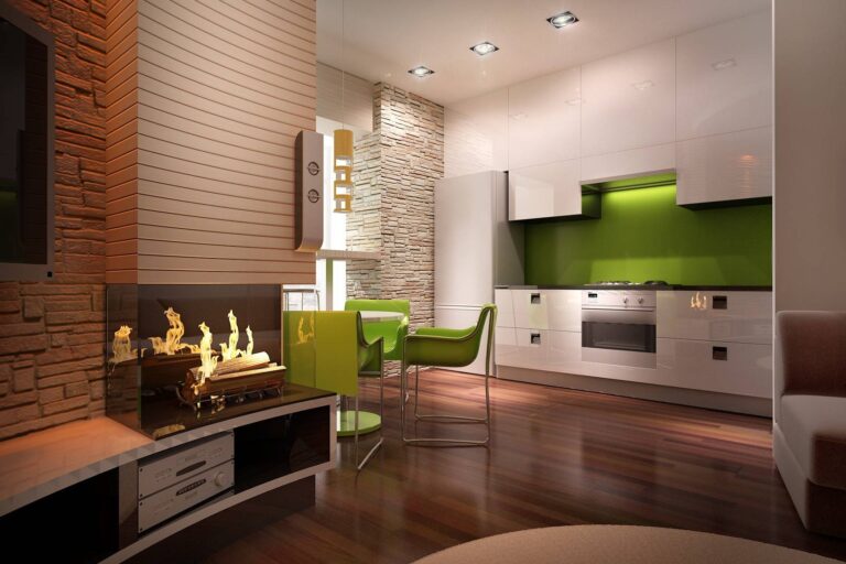 Зеленые обеденные стулья возле белого стола в оформлении кухни