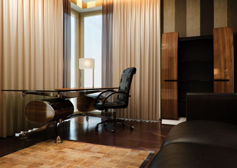 Дизайн рабочего кабинета с фигурным столом в коричневых тонах