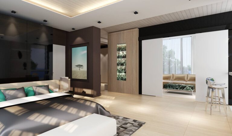 Интерьер современной спальни в отделке натуральной древесиной пастельных тонов