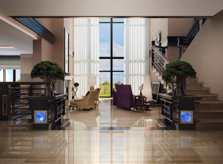 Карликовые деревья в решетчатых подставках в дизайне гостиной