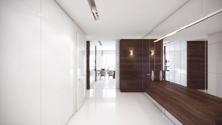 Четкий интерьер прихожей со стеной из зеркальных блоков