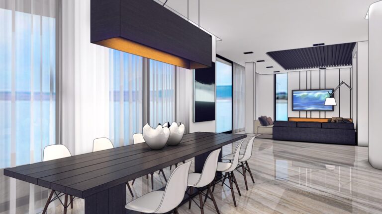 Эскиз столовой с черным обеденным столом и белыми стульями