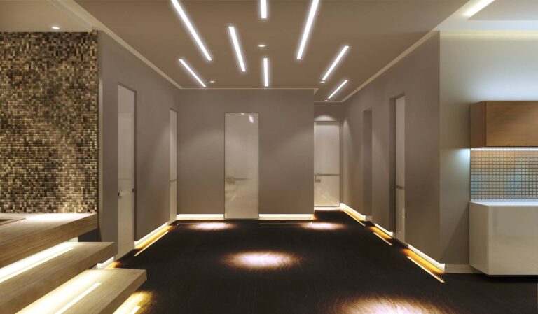 Концепция встроенного освещения в интерьере холла сауны SPA