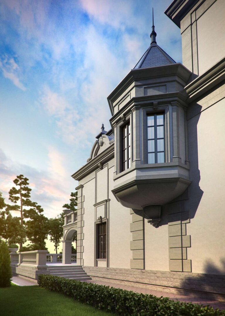 Левый фасад с эркером, декорированным шпилем