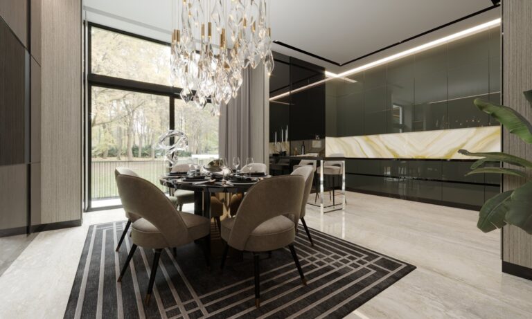 Панорамное окно в дизайне кухни-столовой