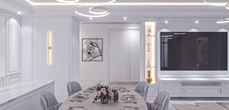 Интерьер столовой с множественно подсветкой