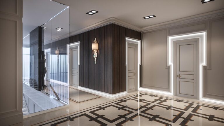 Встроенная подсветка в интерьере глянцевого холла