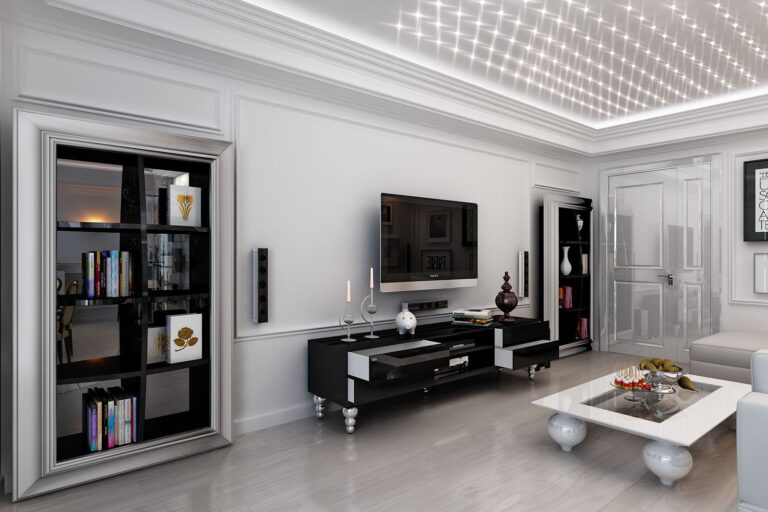 Дизайн гостиной в черно-белых тонах с серебристыми вставками