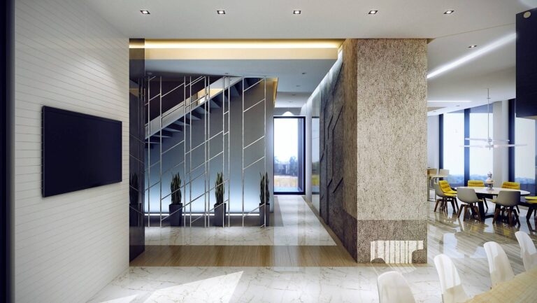 Столовая в отделке натуральным камнем, полированным мрамором и натуральной древесиной