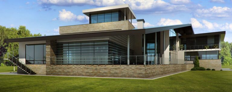 Стекло и серый кирпич в фасаде загородного дома