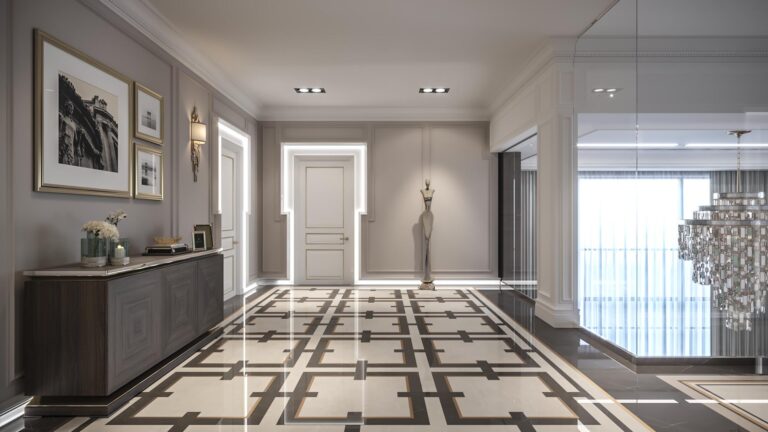 Глянцевый декорированный пол в дизайне холла