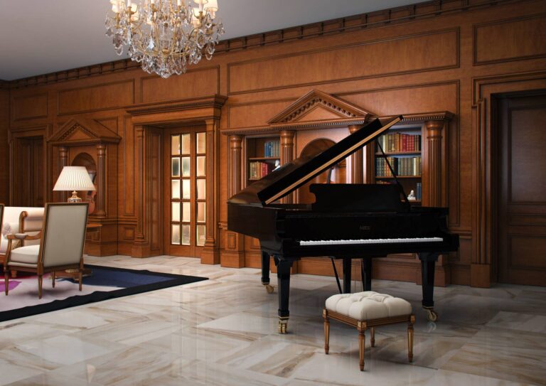 Интерьер классической гостиной с черным роялем