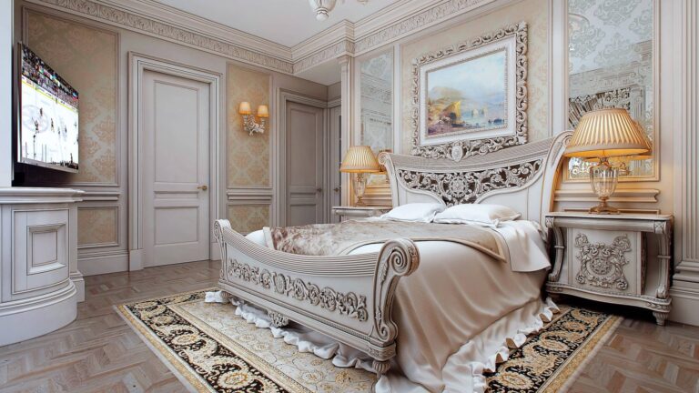 Светлая спальня с мебелью, декорированной ажурной рельефной резьбой