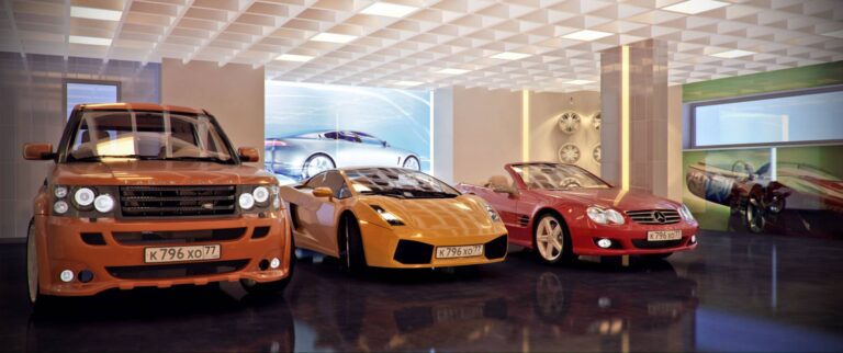 Стильный интерьер гаража со светлым потолком с ячейками