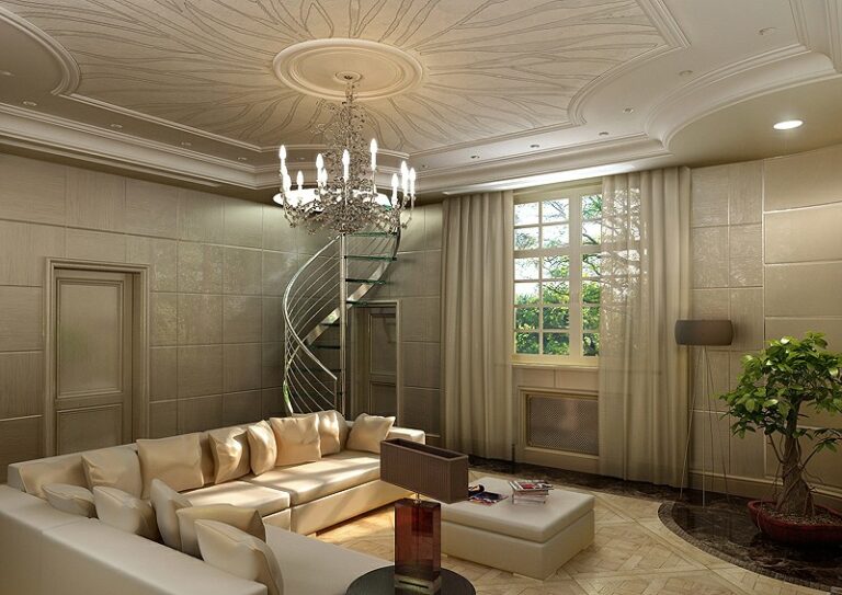 Интерьер гостиной в бежевых тонах с карликовым деревцем